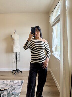 Cache Y2K Asymmetric Striped Top | Black White Diagonal Stripe